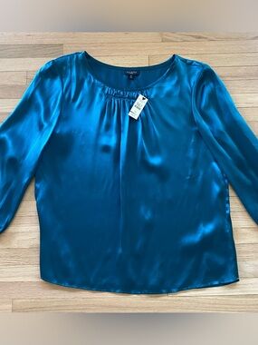 Talbots NWT 100% silk flowy boho modest office church teal blouse 10p